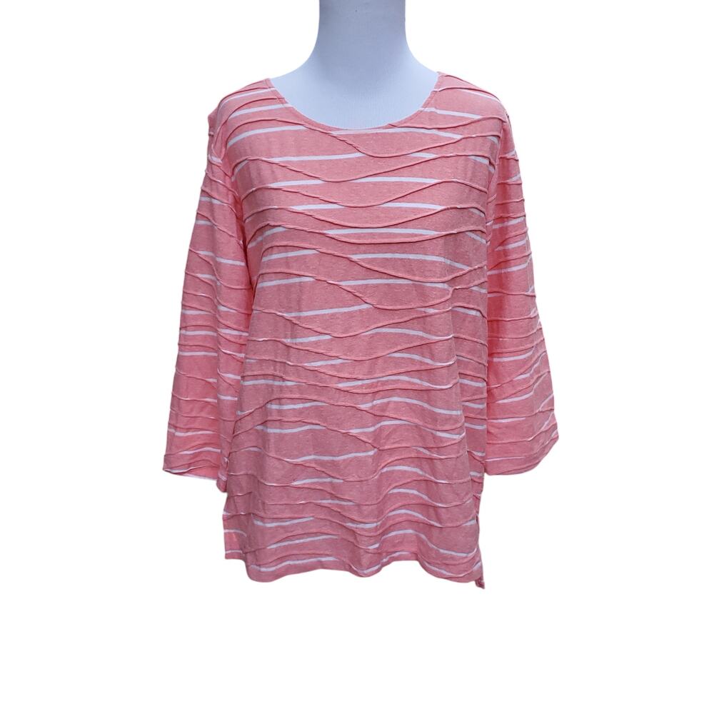 Habitat Women's Top Blouse Coral Orange Pink Striped Textured Scoop Neck Sz XS